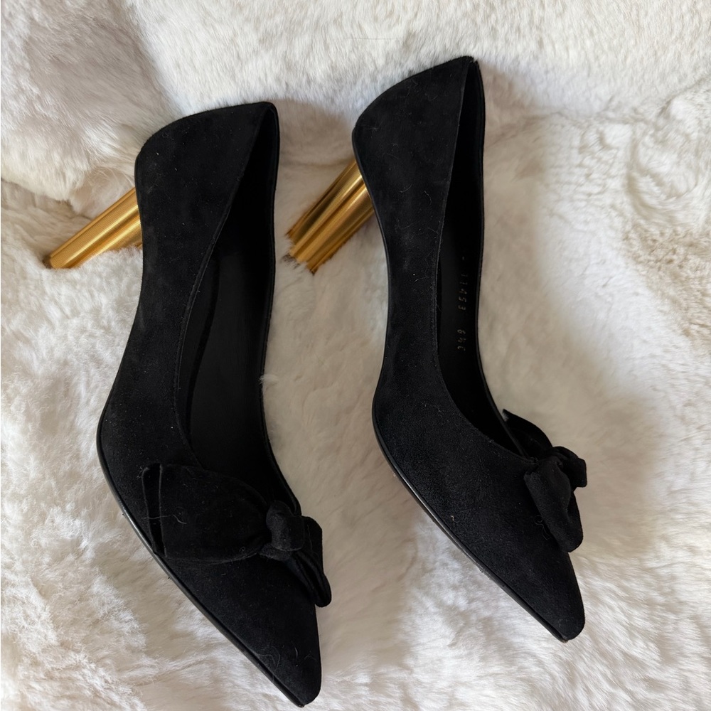 Salvatore Ferragamo Black Suede Pointed Toe Bow Pumps - Picture 2 of 6
